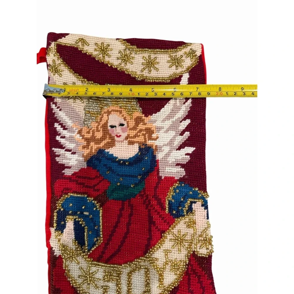 Vtg Needlepoint Christmas Stocking Angel Beaded‎ Victorian Joy Red Velveteen